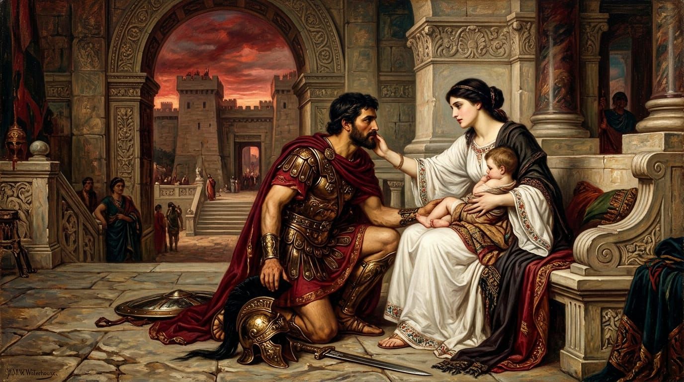 Héctor de Troya despidiéndose de su esposa Andrómaca antes de la batalla, pintura prerrafaelita con atmósfera dramática y colores joya