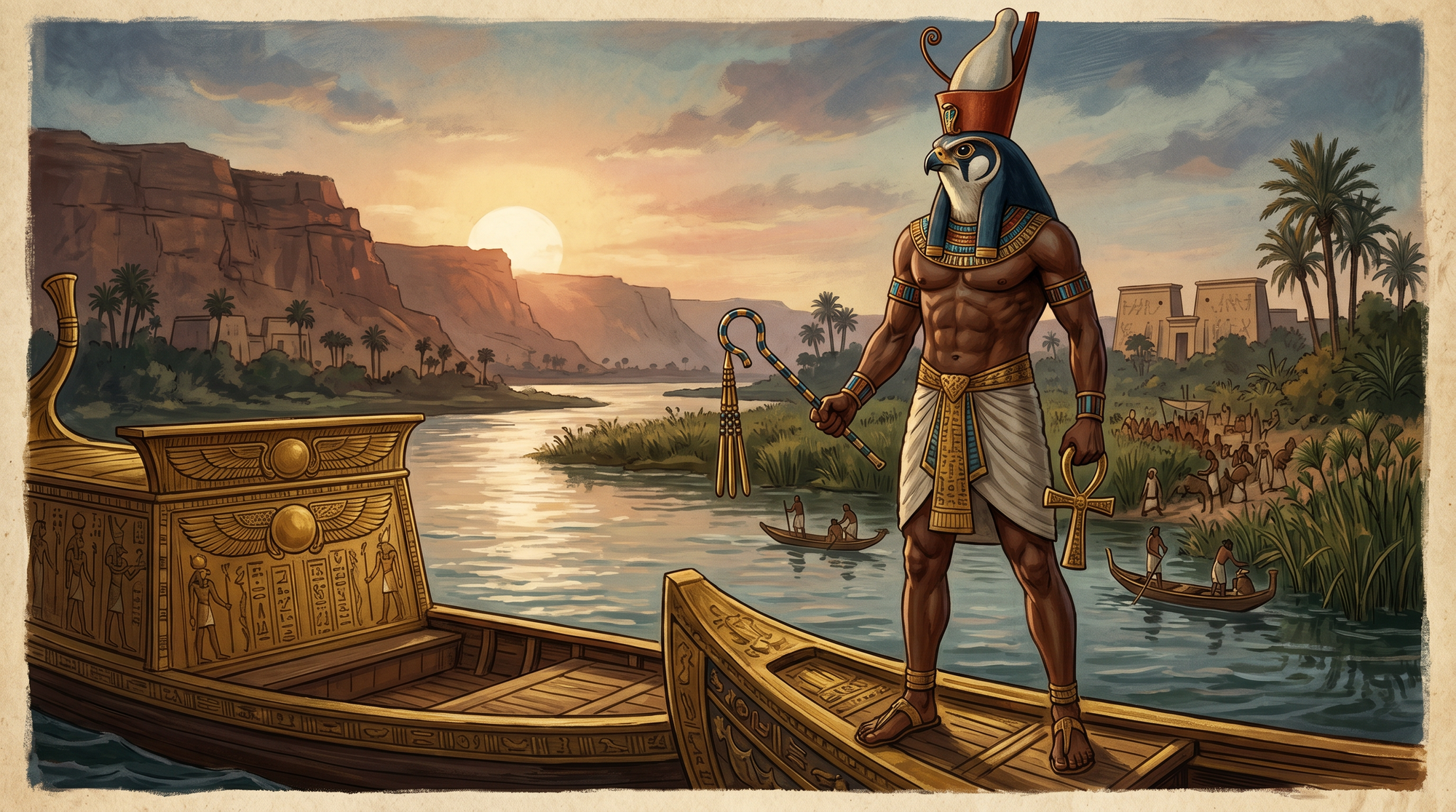 Horus con cabeza de halcón y doble corona del Alto y Bajo Egipto, sosteniendo el cetro y el ankh sobre el Nilo al amanecer