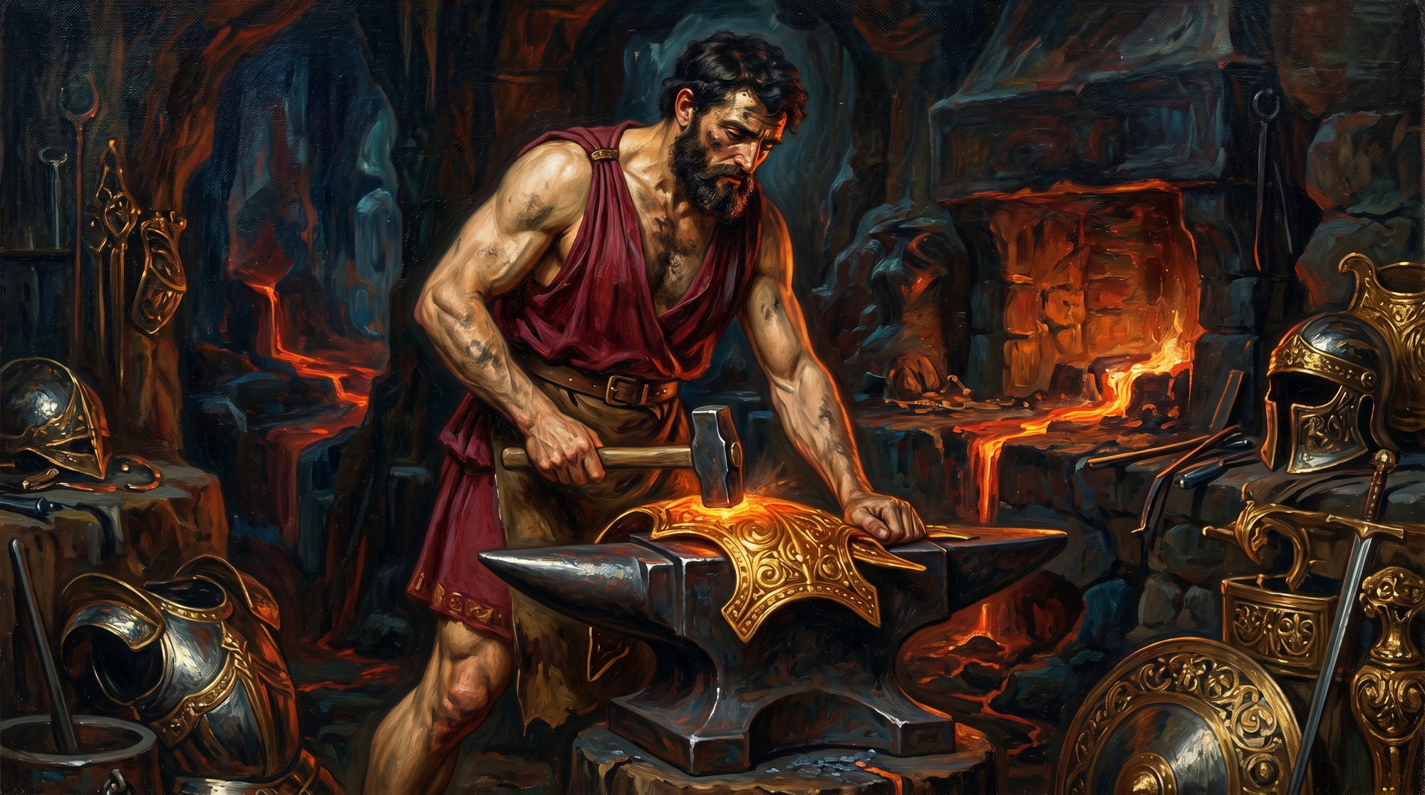 El dios Hefesto trabajando en su fragua volcánica, con musculatura poderosa en el torso pero piernas deformes, rodeado de fuego y metal incandescente