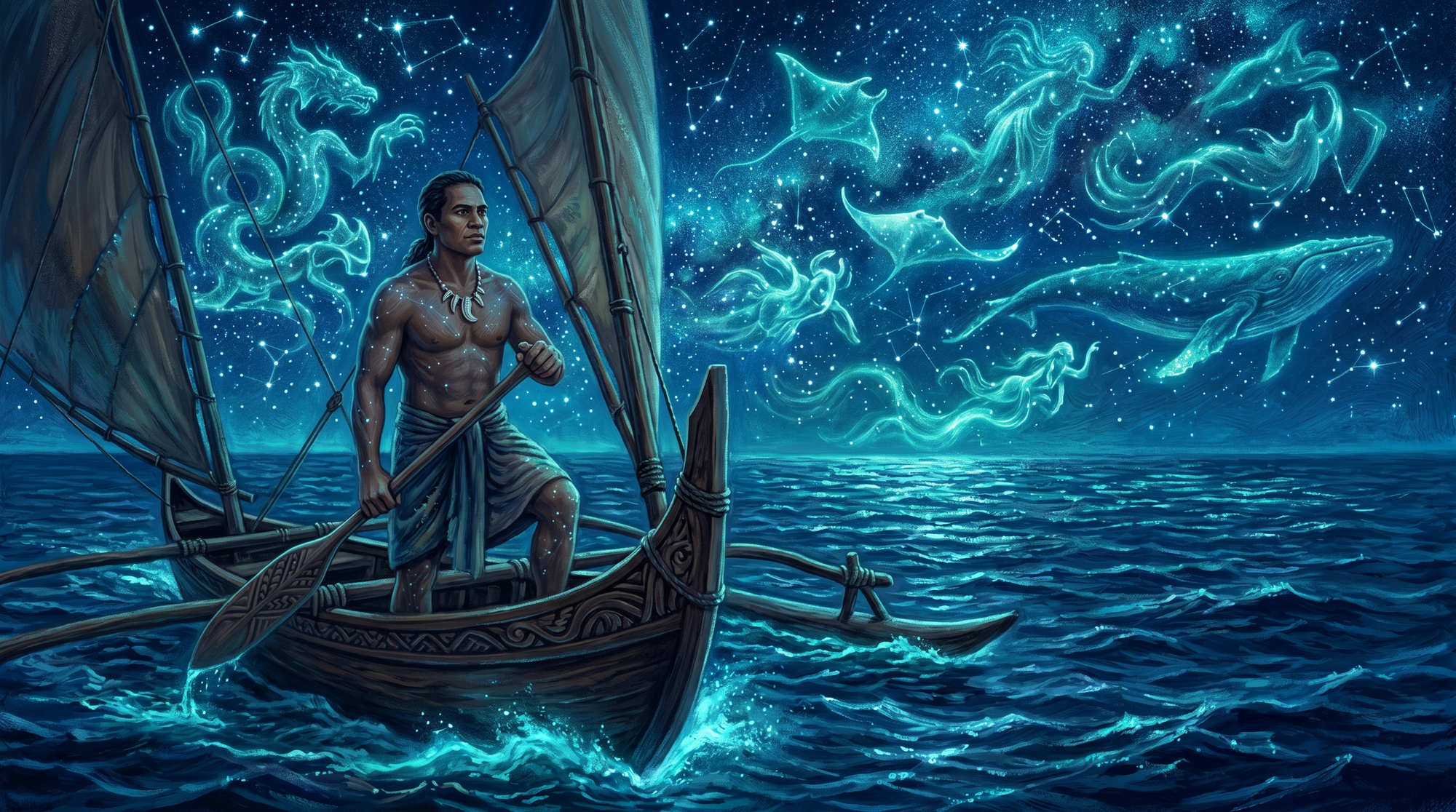 Ilustración editorial de un navegante micronesio en una canoa de balancín bajo un cielo estrellado masivo