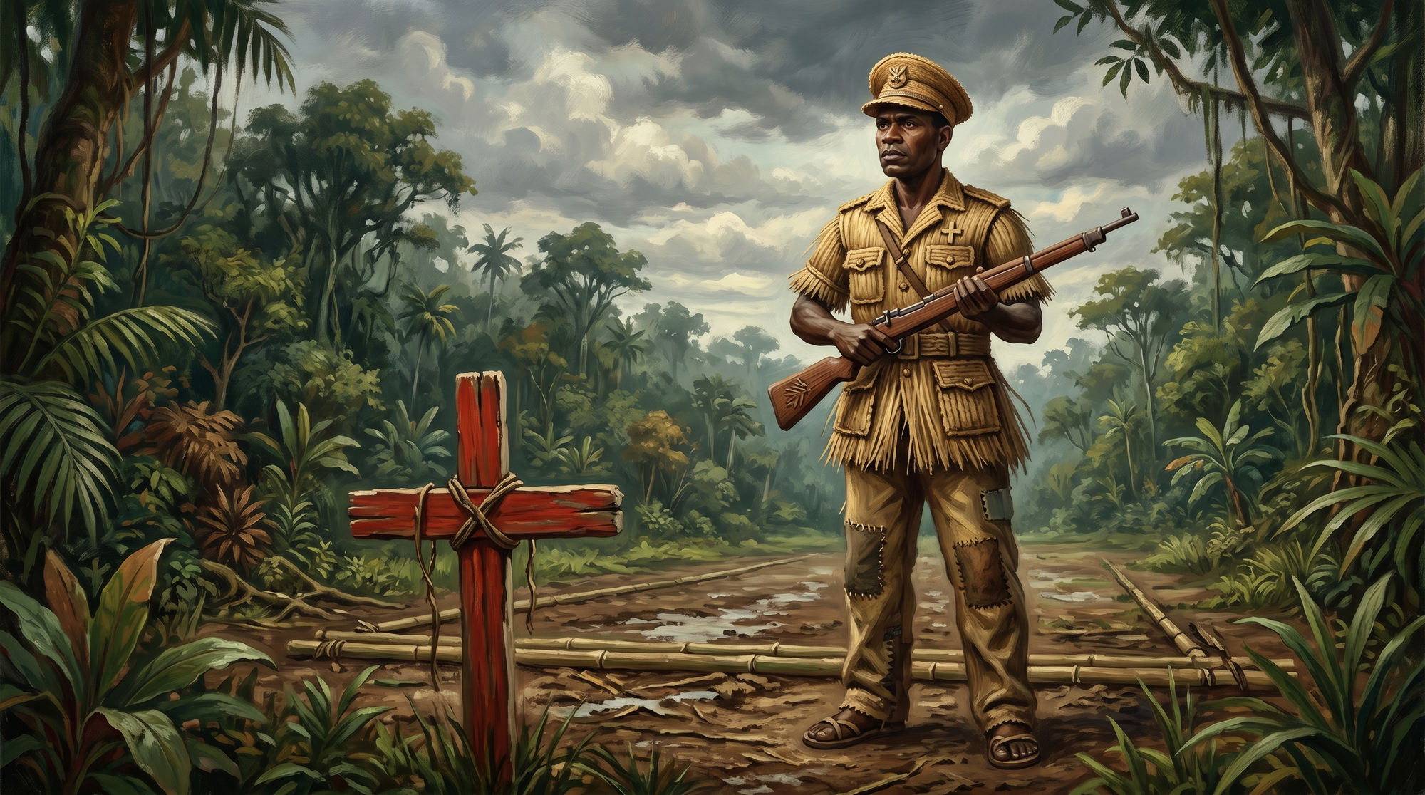 Hombre melanesio en pista de bambú y madera, con uniforme de paja que imita a un soldado aliado, cielo tropical y cruz roja de madera al frente.