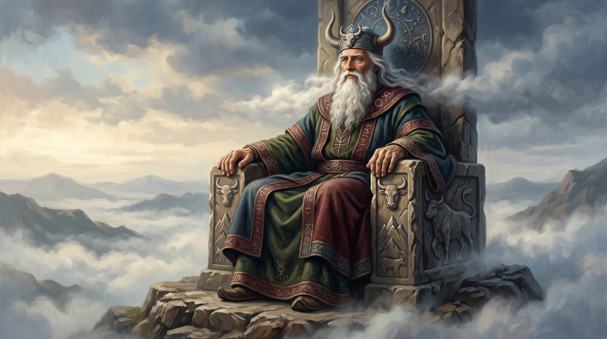 El dios cananeo El, representado como un anciano majestuoso con corona de cuernos de toro, sentado en su trono en la cima del monte Safón, observando el mundo