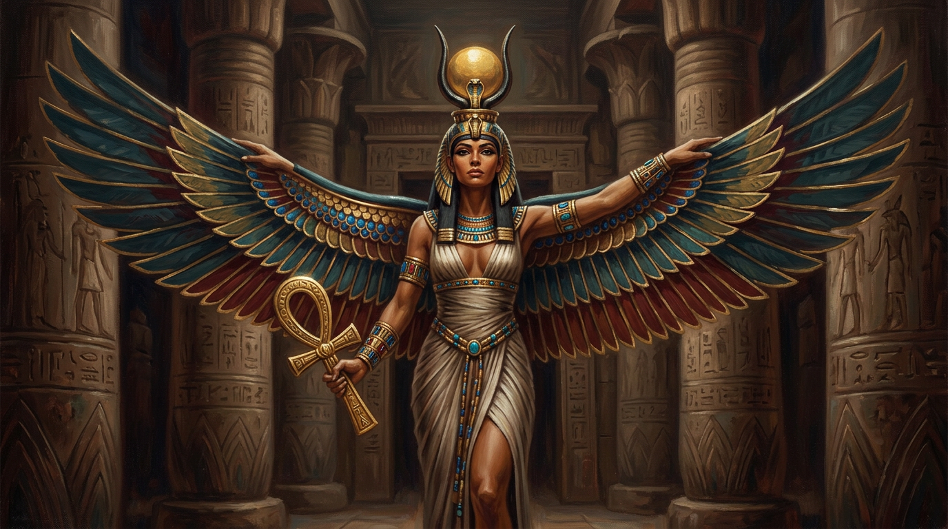 La diosa Isis con alas extendidas y corona de cuernos de vaca y disco solar en un templo egipcio