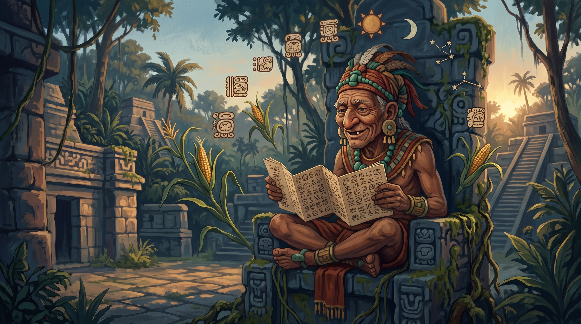 Itzamná, dios anciano maya, como sabio de grandes orejas y nariz prominente, con un códice en las manos, rodeado de glifos y símbolos del calendario.