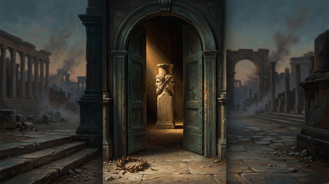 Las puertas de bronce del paso de Jano en el Foro Romano, entreabiertas al atardecer, con un pilar de piedra de dos caras en el interior del corredor