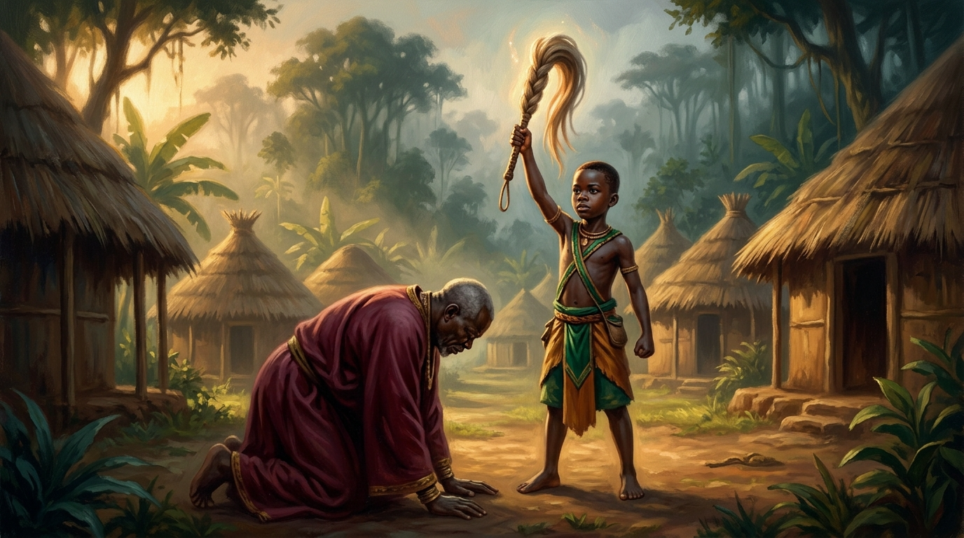 Un joven héroe africano de baja estatura sostiene un cetro luminoso frente a un jefe tribal arrodillado y derrotado en una aldea de la selva del Congo
