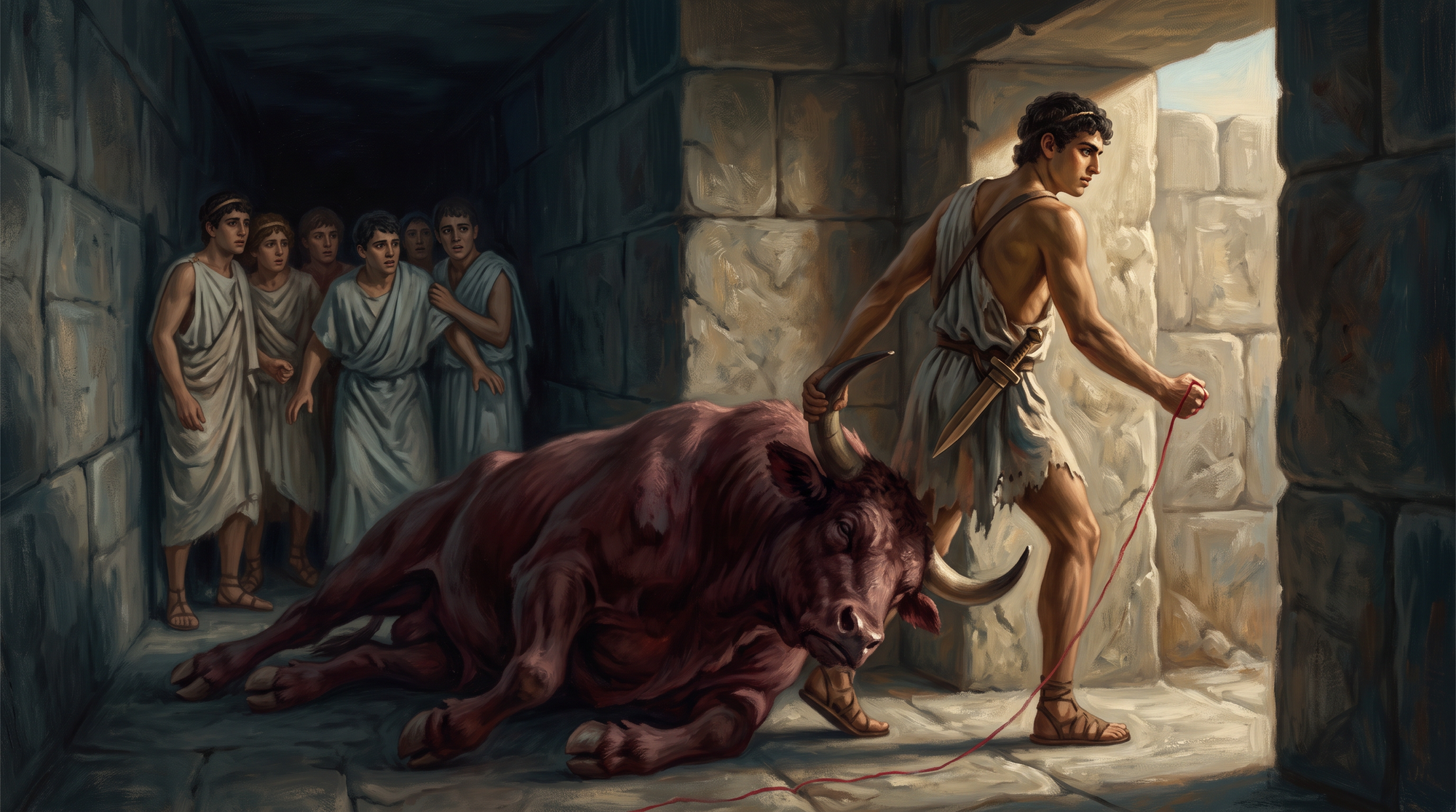 Teseo saliendo del laberinto arrastrando el cuerpo del Minotauro ante un grupo de jóvenes atenienses