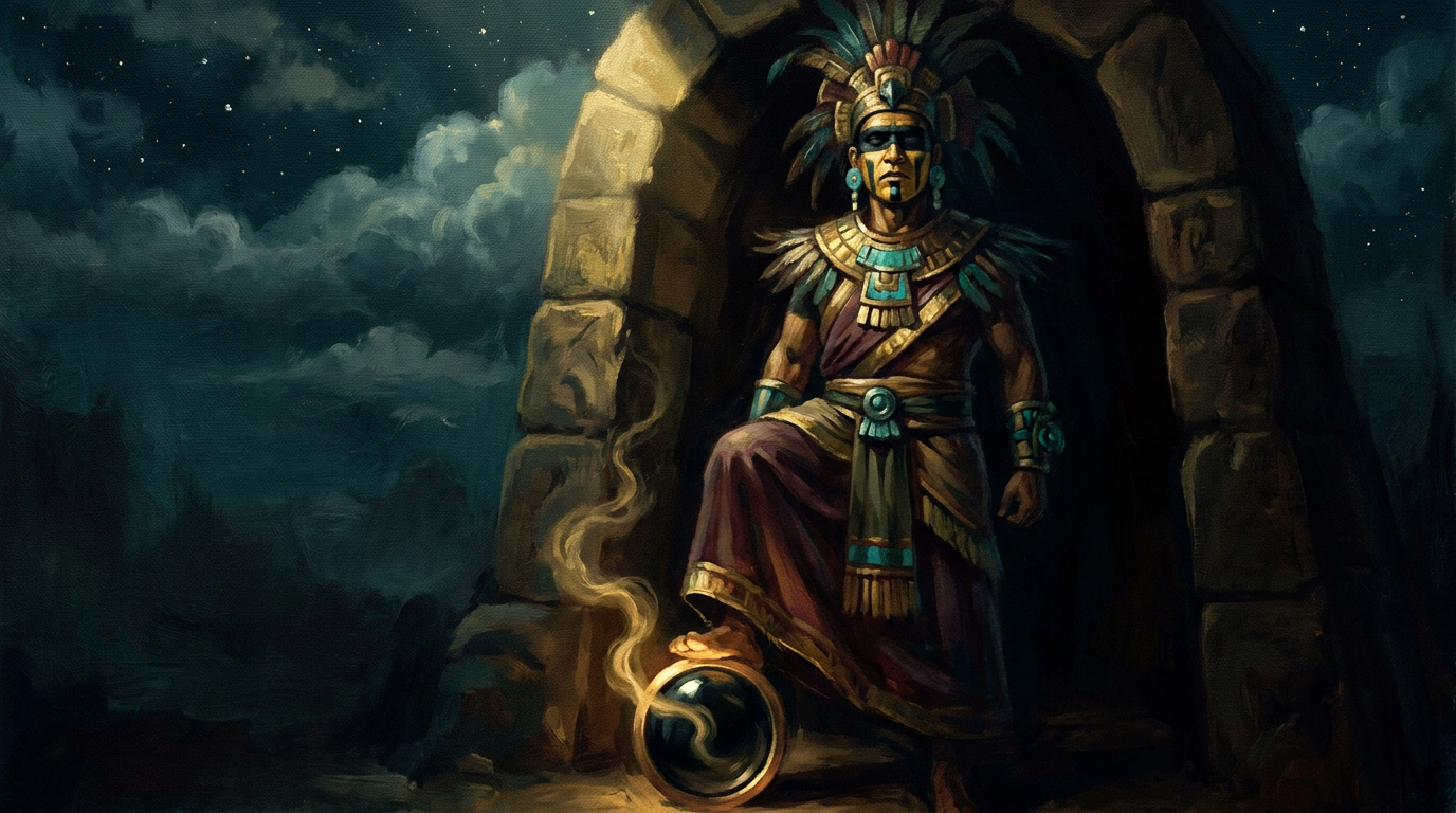 Tezcatlipoca, dios azteca del espejo humeante, con una franja negra sobre los ojos y un espejo de obsidiana humeante en lugar del pie derecho