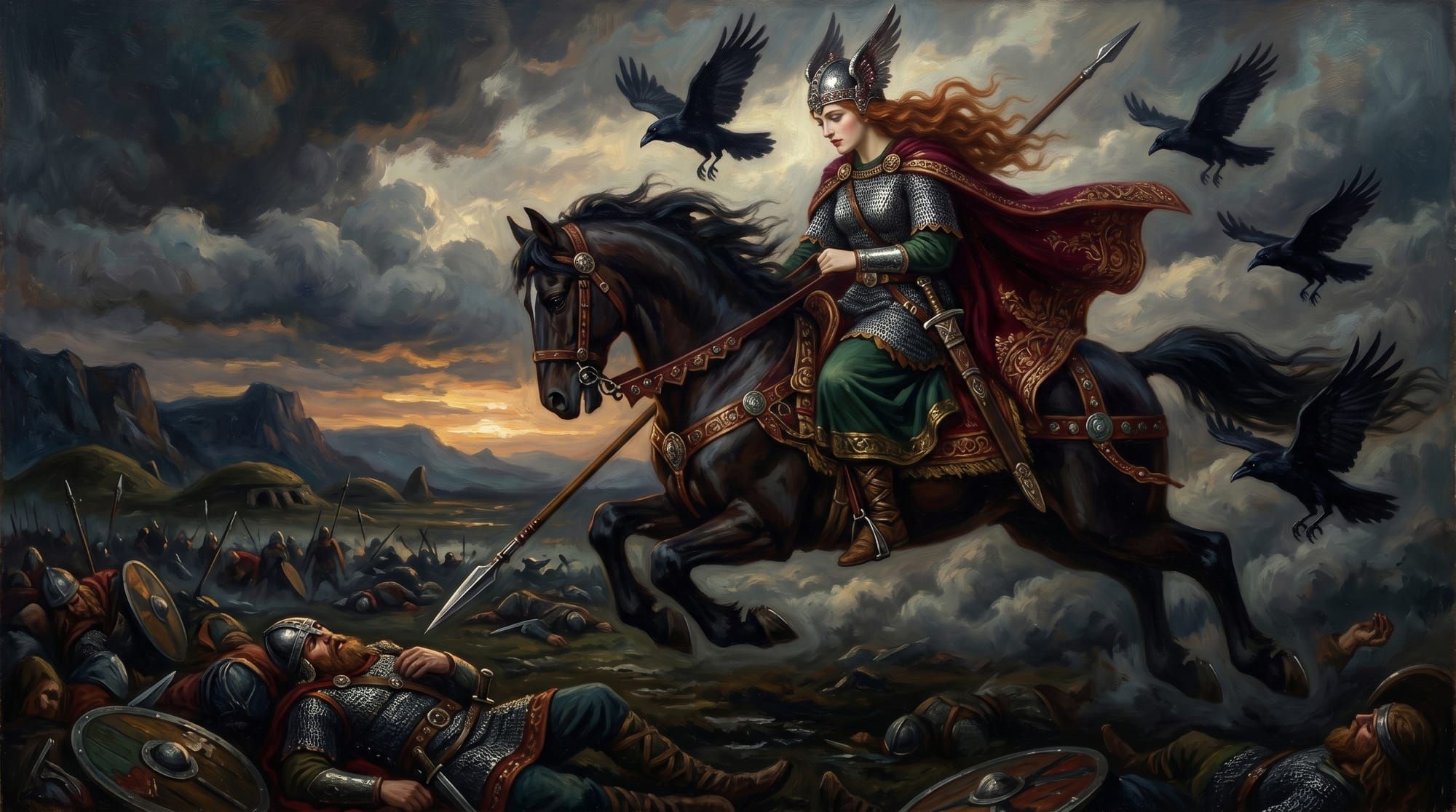 Valquiria a caballo con armadura y lanza sobrevolando un campo de batalla nórdico al atardecer