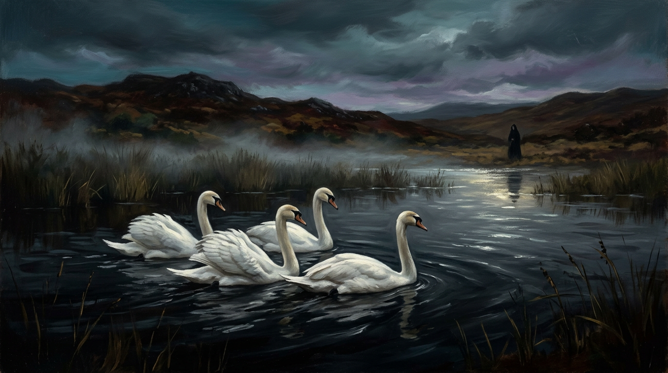 Cuatro cisnes blancos sobre un lago oscuro al atardecer con una figura humana en la orilla