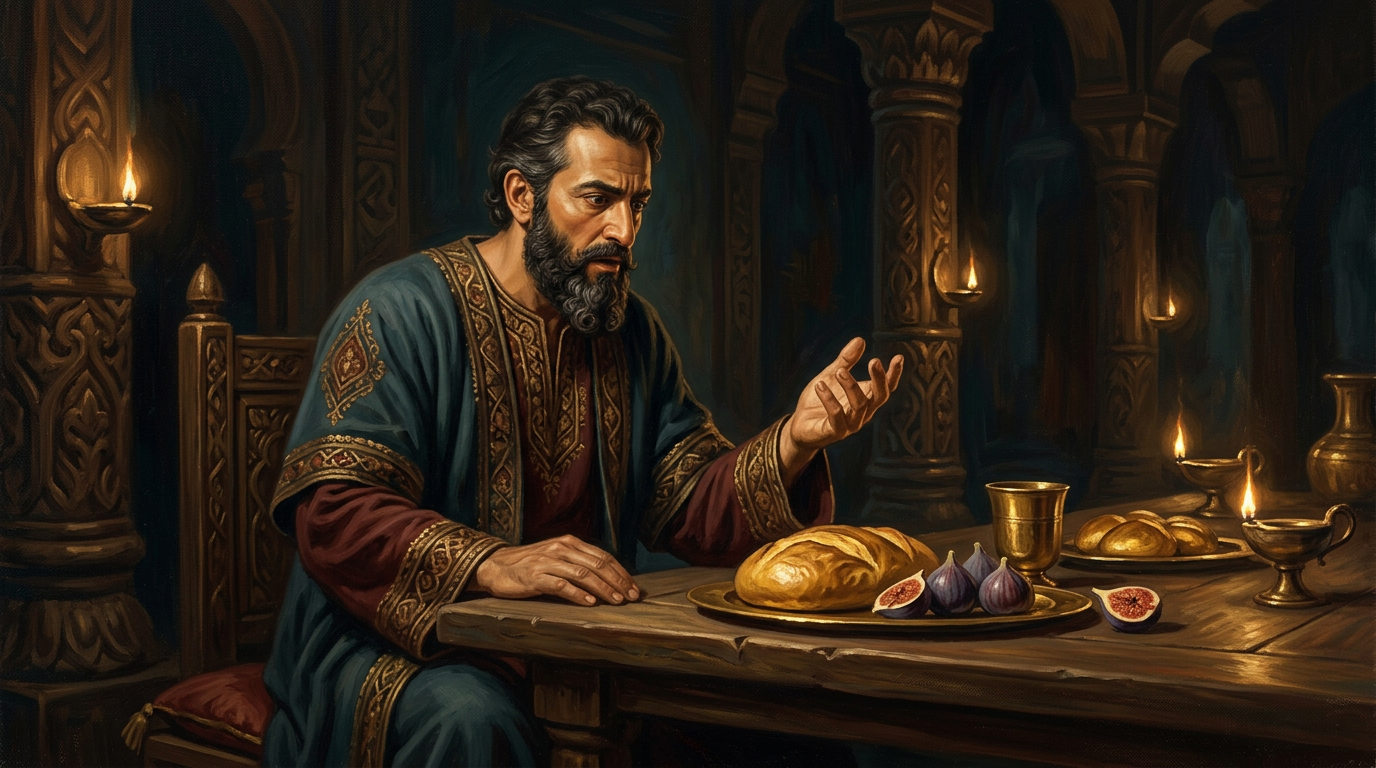 Rey con túnica sentado ante una mesa donde el pan y la fruta se han vuelto de oro macizo