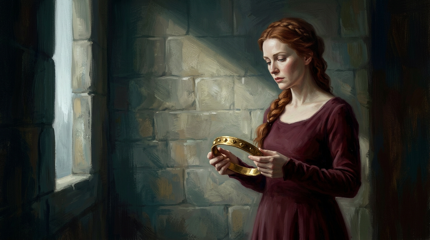 Mujer con vestido medieval de pie junto a una ventana de piedra sosteniendo una corona con las dos manos