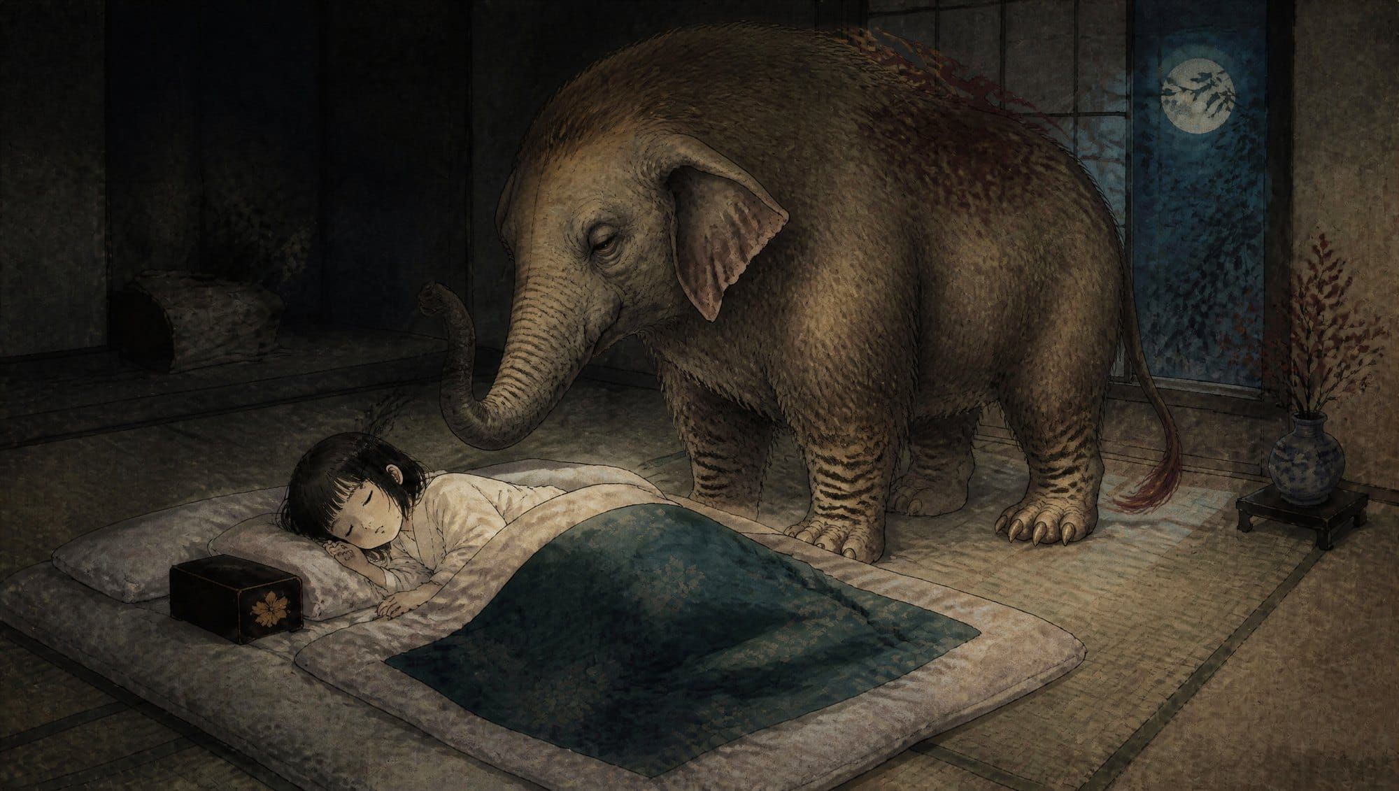 El Baku, criatura con trompa de elefante y patas de tigre, junto al futón de una niña dormida en una habitación japonesa iluminada por la luna