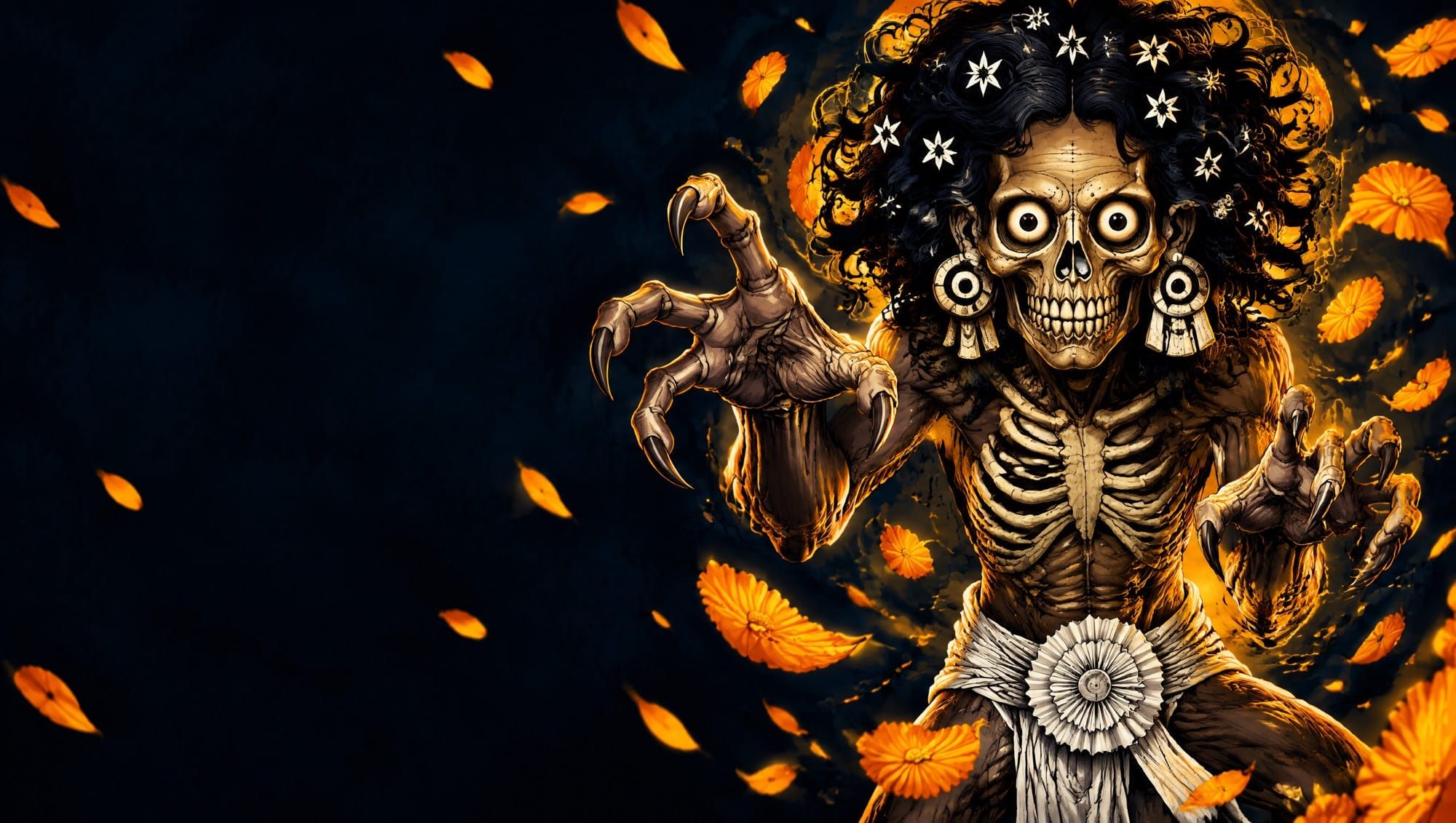 Mictlantecuhtli, el señor de los muertos mexica, con calavera de ojos redondos, pelo rizado con estrellas y garras extendidas, entre pétalos de cempasúchil