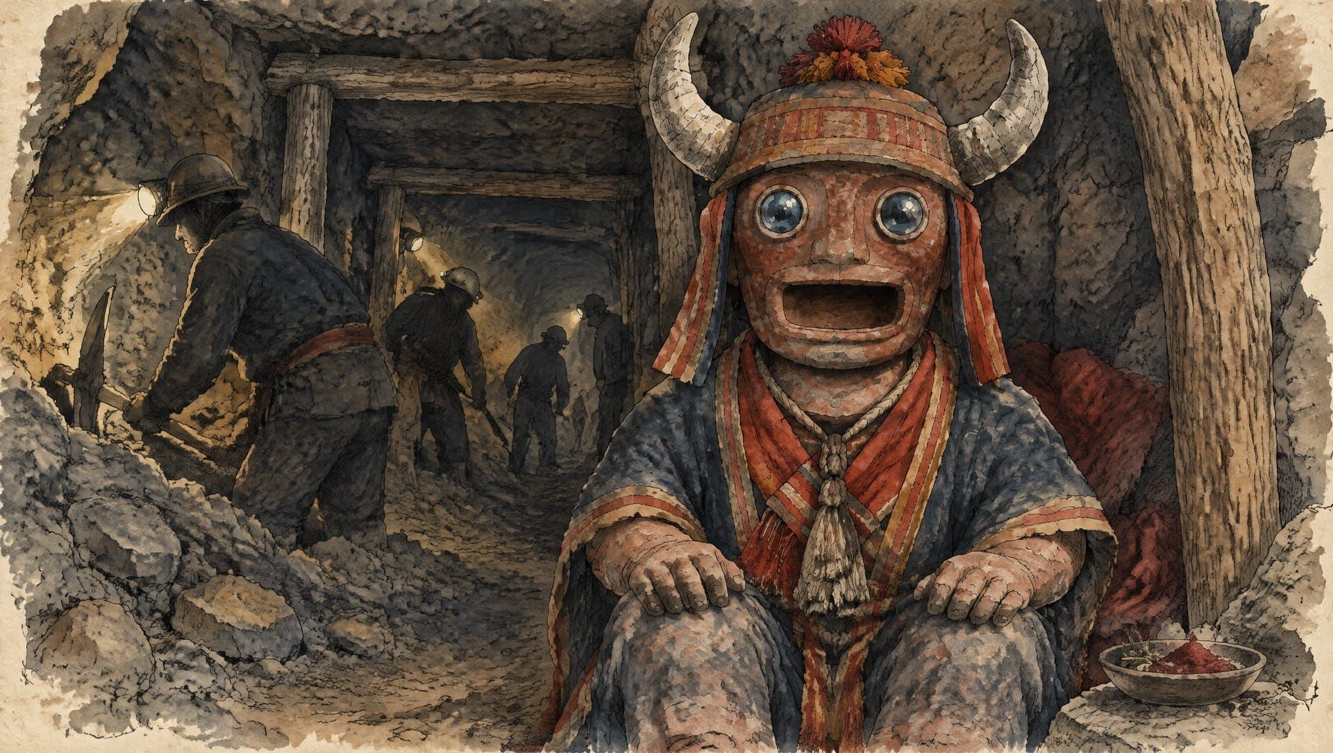 Figura de barro con cuernos, ojos redondos y boca abierta sentada en una galería de mina, junto a mineros con lámparas de casco