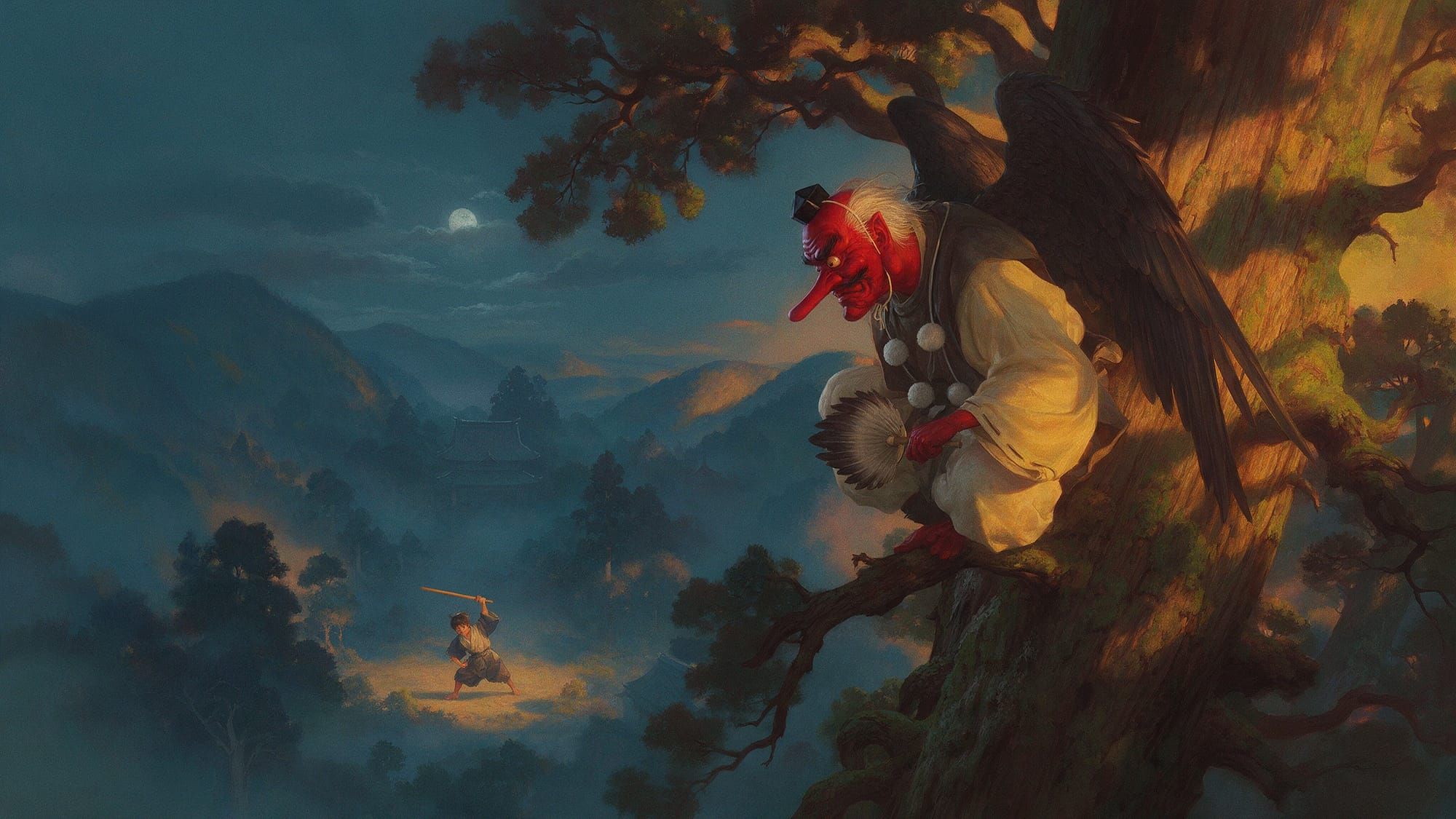 Un tengu de cara roja, alas oscuras y atuendo de monje de montaña observa desde un cedro a un niño que practica con una espada de madera en un claro bajo la luna