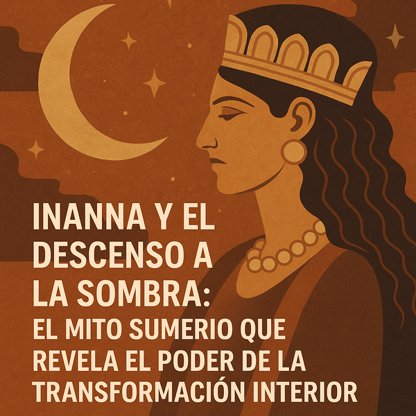 Ilustración digital de Inanna con corona dorada y fondo en tonos ocres, inspirada en el arte mesopotámico, representando el inicio de su viaje al inframundo.