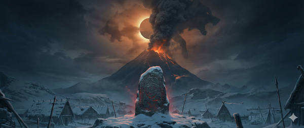 panorámica mostrando una piedra rúnica vikinga brillante en primer plano, con un volcán en erupción detrás cuya ceniza oscurece el sol y forma una silueta de lobo