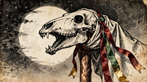 Imagen estilo grabado antiguo que representa a la Mar Lwyd, una calavera de caballo sostenida en un palo, adornada con cintas, de fondo una luna llena.
