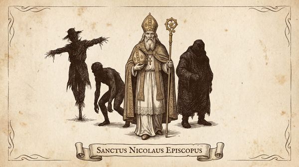 Ilustración estilo grabado antiguo que muestra a San Nicolás en el centro con báculo, flanqueado por un espantapájaros siniestro y una figura oscura encapuchada sobre fondo pergamino.