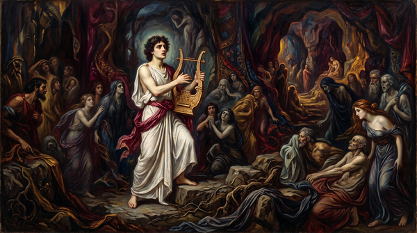 Orfeo tocando la lira en el inframundo griego rodeado de sombras