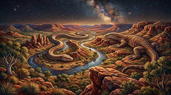 Paisaje australiano ancestral donde las colinas y ríos forman el cuerpo de gigantescos seres espirituales dormidos