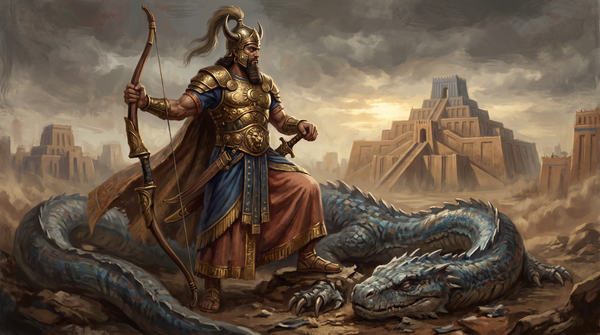Marduk dios babilonio con armadura dorada y arco victorioso sobre el cadáver de un inmenso dragón de agua Tiamat, al fondo se alzan los zigurats de una gran ciudad