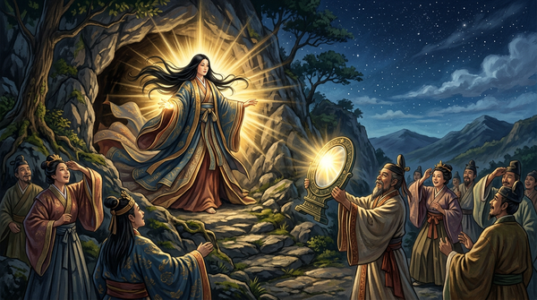 Amaterasu, diosa del sol japonesa, emergiendo de una cueva rodeada de luz dorada mientras los dioses celebran