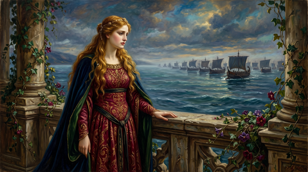 Helena de Troya mirando melancólicamente desde una ventana hacia el mar Egeo, con los barcos griegos acercándose en el horizonte