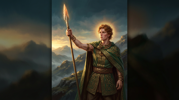 Dios celta joven y radiante de piel clara y cabello cobrizo, coronado por luz solar, sosteniendo en alto una lanza resplandeciente ante un cielo del amanecer