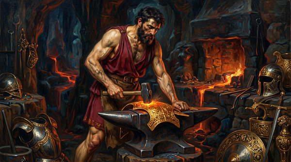 El dios Hefesto trabajando en su fragua volcánica, con musculatura poderosa en el torso pero piernas deformes, rodeado de fuego y metal incandescente