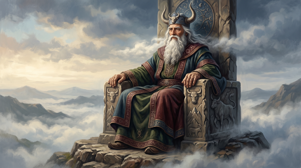 El dios cananeo El, representado como un anciano majestuoso con corona de cuernos de toro, sentado en su trono en la cima del monte Safón, observando el mundo
