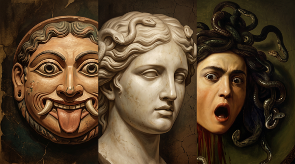 Medusa en tres franjas: máscara arcaica de terracota con colmillos, rostro clásico de mármol con serpientes y visión renacentista realista con terror puro.