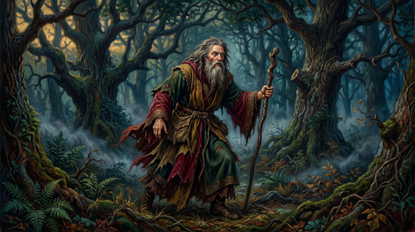El mago Merlín en el bosque con túnicas rústicas y mirada enloquecida