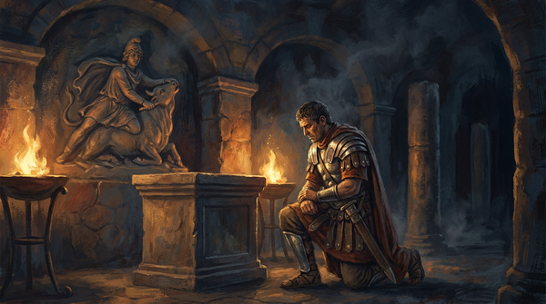 Ilustración editorial de un soldado romano arrodillado ante una estatua de Mithras en una cueva subterránea