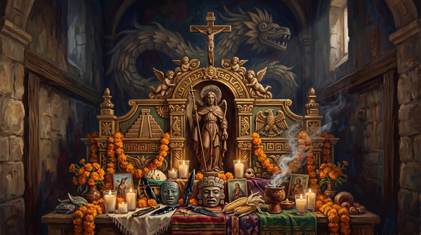 Ilustración editorial de un altar sincrético donde símbolos católicos y mexicas se fusionan bajo una luz dorada y humo de copal