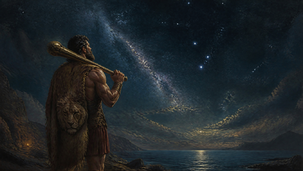 Orión, gigante cazador griego, de espaldas ante un cielo estrellado inmenso