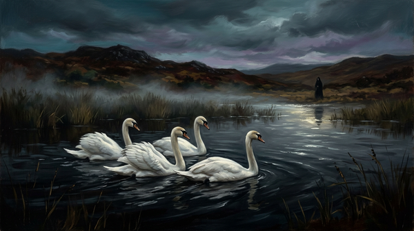 Cuatro cisnes blancos sobre un lago oscuro al atardecer con una figura humana en la orilla
