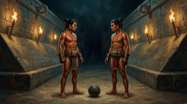 Dos jóvenes mayas con protecciones de juego de pelota en una cancha de piedra iluminada por antorchas