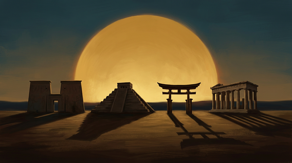 Disco solar dorado sobre un horizonte con siluetas de un templo egipcio, una pirámide andina y un santuario japonés