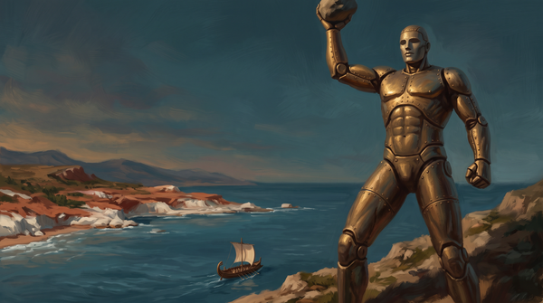 Gigante de bronce de pie sobre un acantilado de Creta al atardecer, con un barco pequeño acercándose a la costa