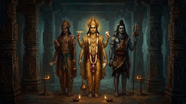 Tres figuras divinas hindúes de tamaño idéntico alineadas frontalmente bajo una misma luz dorada