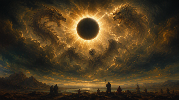 Corona solar en un eclipse total con siluetas oscuras de un lobo, un dragón y una figura demoníaca emergiendo entre los rayos