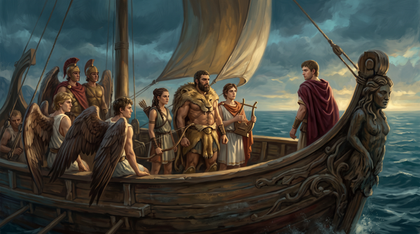 La tripulación del Argo en cubierta al amanecer: Hércules con la piel de león, Orfeo con la lira, Atalanta con el arco, los Boréadas alados y los Dioscuros, con Jasón al fondo de la proa