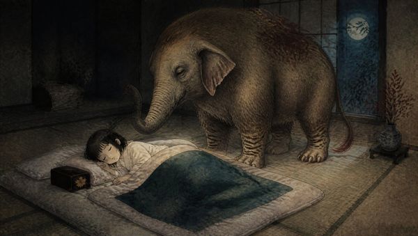 El Baku, criatura con trompa de elefante y patas de tigre, junto al futón de una niña dormida en una habitación japonesa iluminada por la luna