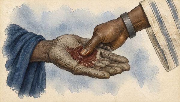 Una mano oscura de túnica a rayas presiona el pulgar sobre la palma embarrada de otra mano envuelta en tela azul, dejando una marca rojiza