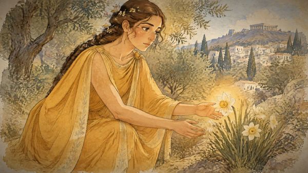 Una muchacha de túnica azafrán y trenza con flores alarga las dos manos hacia un narciso luminoso en un prado con olivos