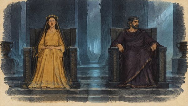 Hades y Perséfone sentados en dos tronos de piedra negra del mismo tamaño en una sala oscura de columnas