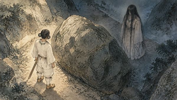 Un joven japonés antiguo de espaldas, con una espada, ante una roca enorme que cierra un paso de montaña; al otro lado, una mujer de blanco con el pelo largo tapándole la cara