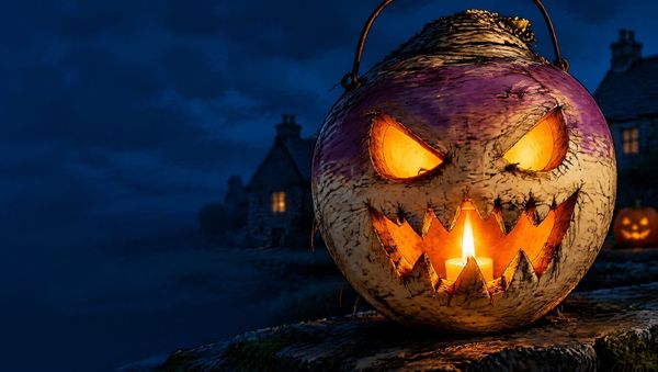 Un nabo vaciado con una cara grotesca tallada y una vela encendida dentro, sobre una piedra en la oscuridad, con una calabaza pequeña al fondo